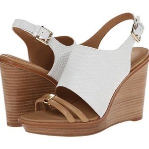 Calvin Klein PRINA White Python Embossed Wedge Sandal Camel Straps